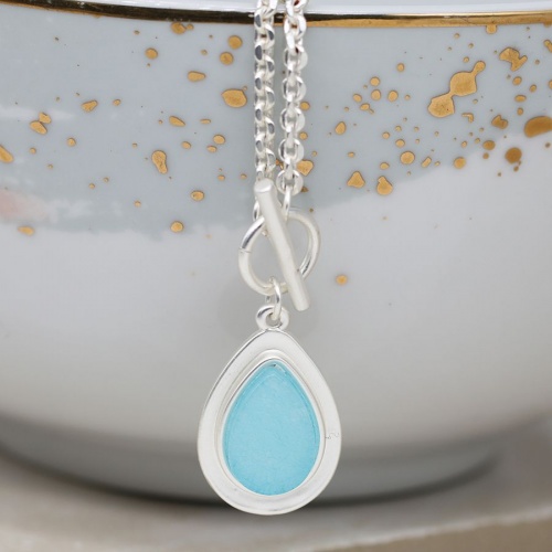 Silver Plated Aqua Stone Teardrop T-bar Necklace by Peace of Mind